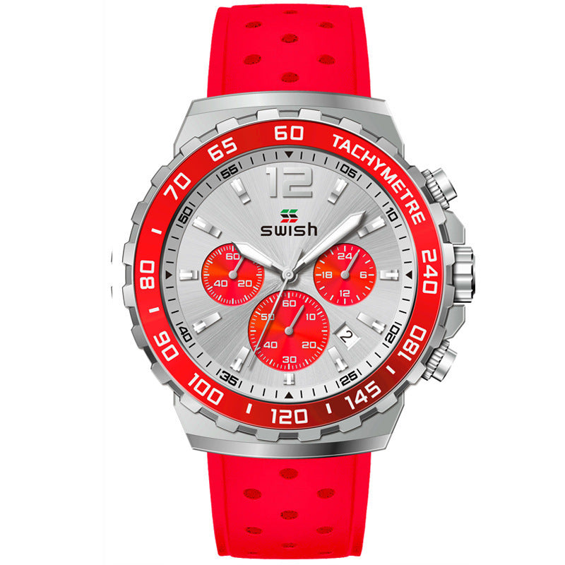 Red silicone strap six-pin quartz sports watch with tachymeter bezel.