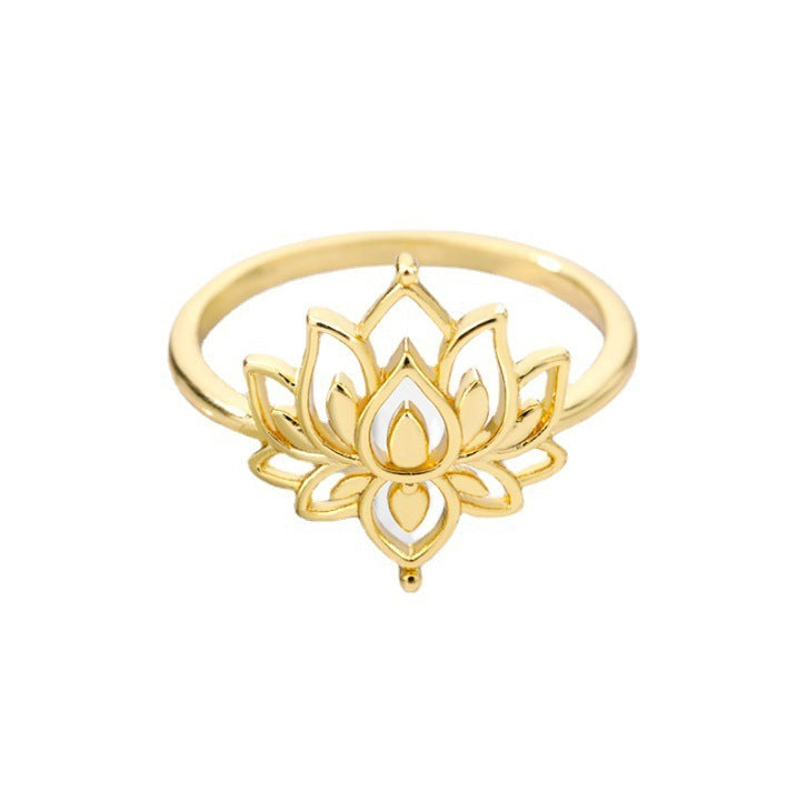 Stainless steel vintage golden lotus ring with opal, elegant fashion jewelry for women.