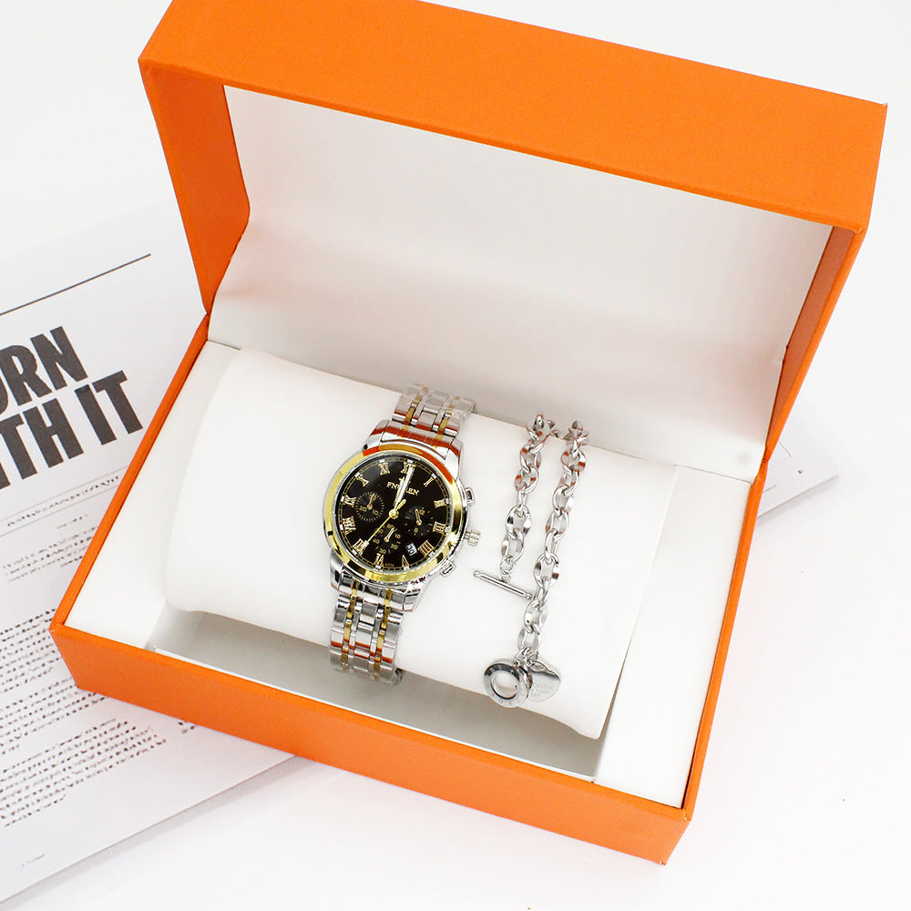 Couple quartz watch set with bracelets, alloy round dial, in an orange gift box.