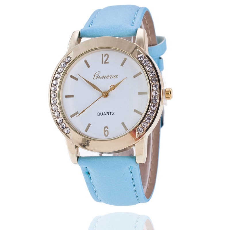 Geneva Diamond Quartz Watch for Women with Blue Imitation Leather Strap