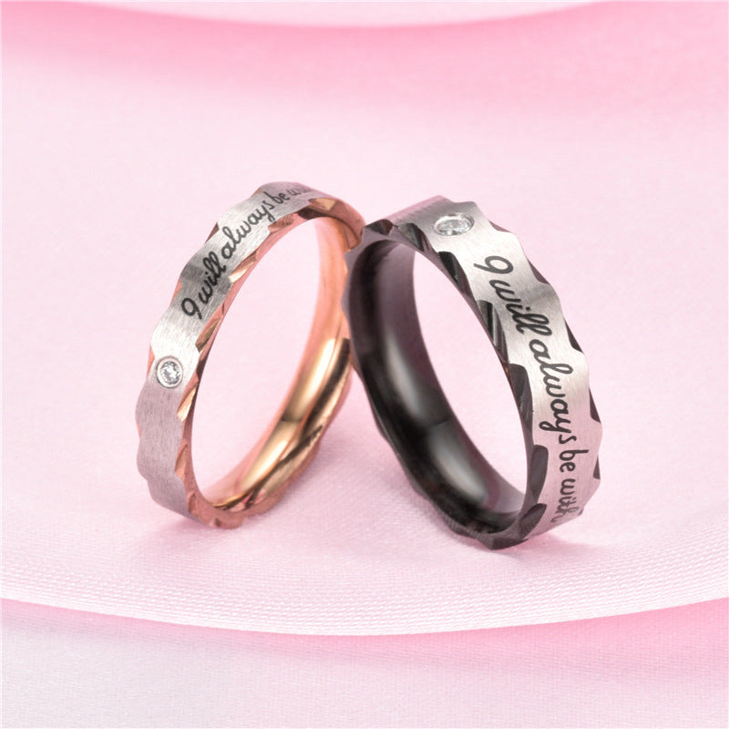 Stainless steel U shape flowers couple rings with engraved text, featuring a sleek design.