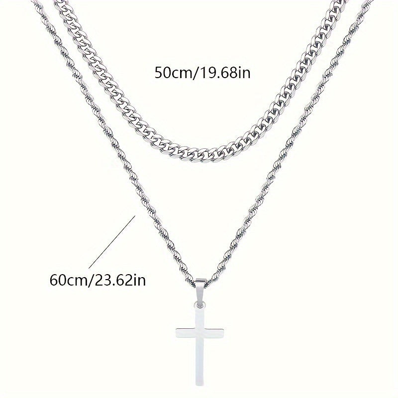 Titanium Steel Double Layer Cross Pendant Necklace