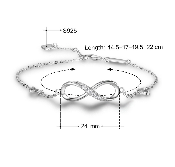 Sterling Silver Infinity Endless Love Symbol Charm Adjustable Bracelet