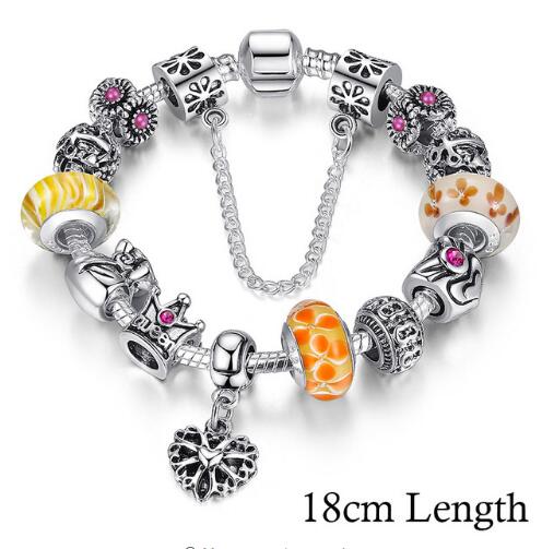 BAMOER Silver Charms Bracelet &amp; Bangles With Queen Crown Beads PA1823