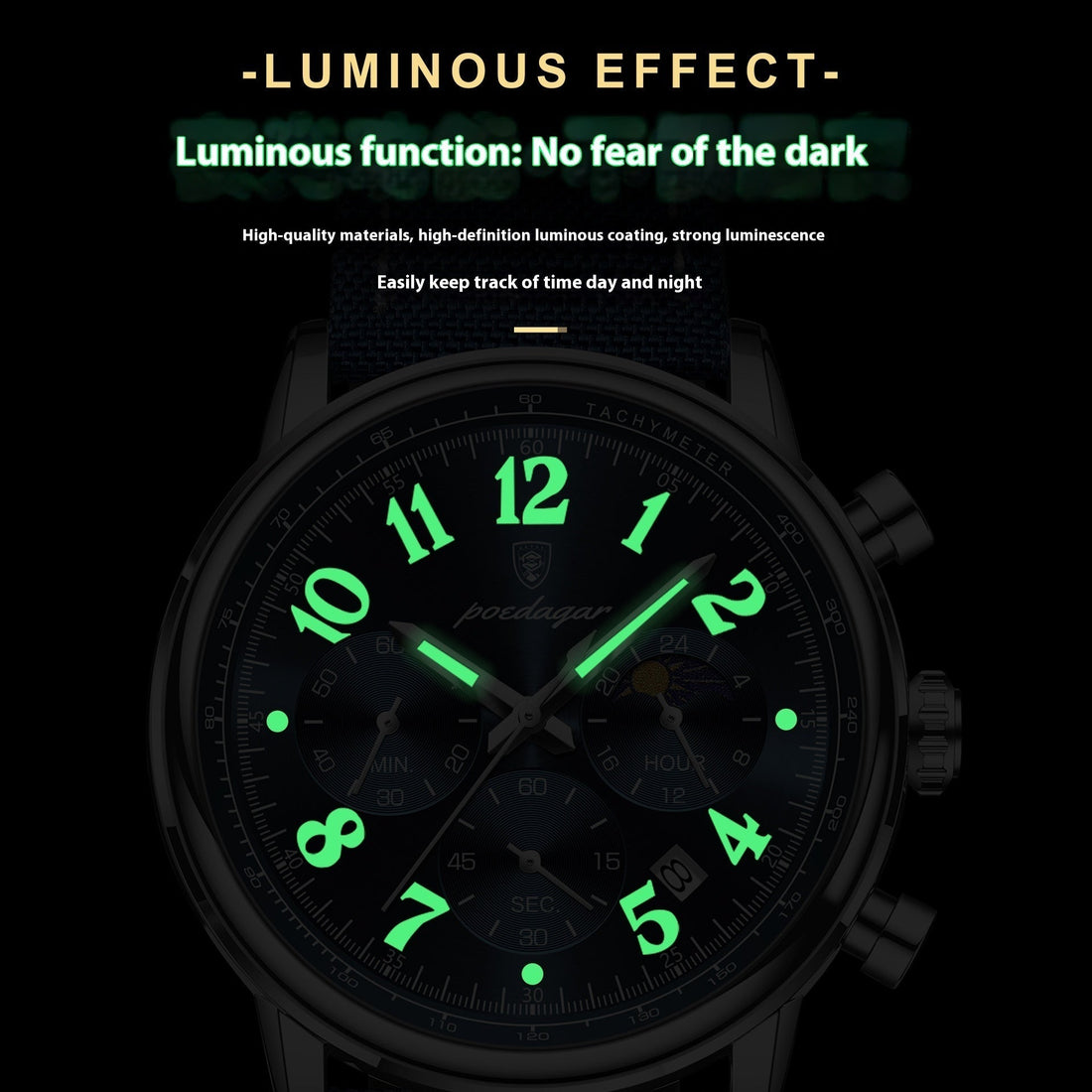 Luminous fashion quartz watch displaying glowing numbers and hands in the dark.