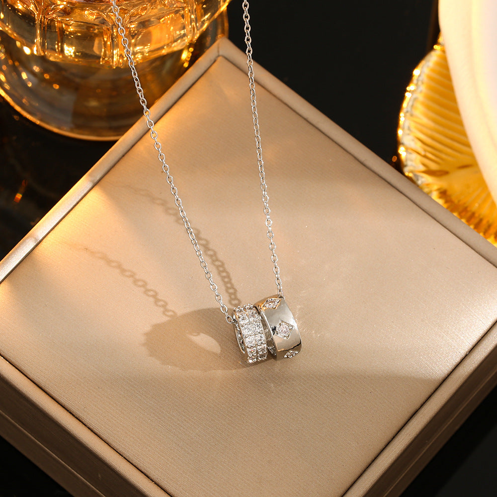 Korean Style Simple Rhinestone Carved Ring Pendant Necklace