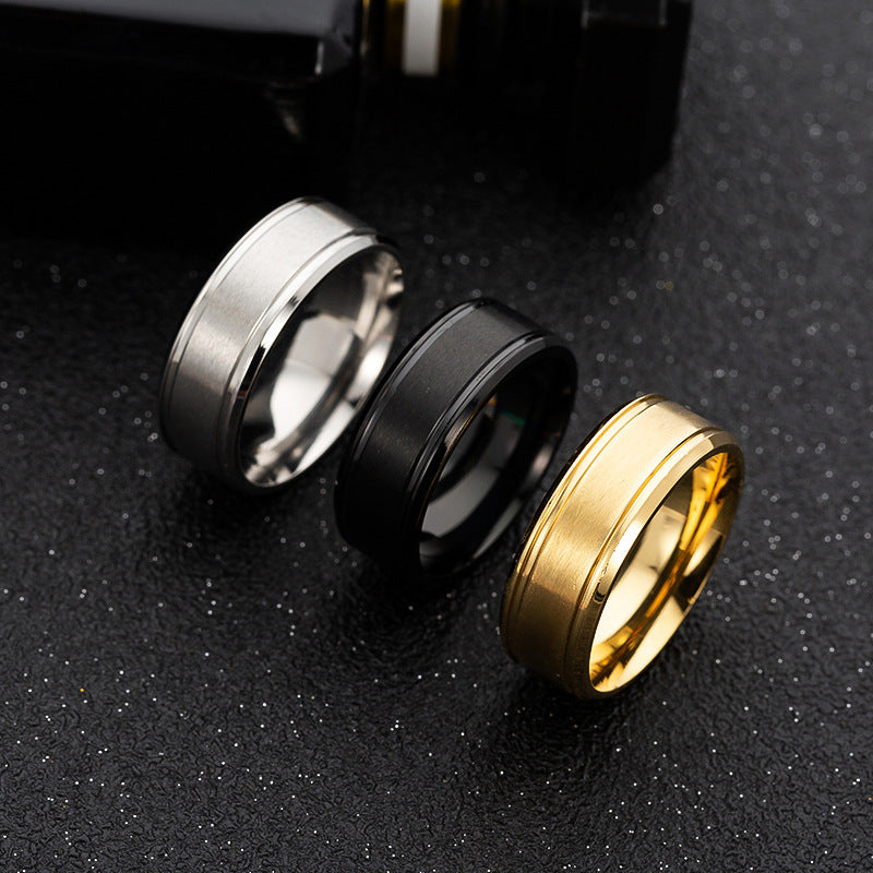 Mens wedding rings in black, silver, and gold, 8MM geometric design.