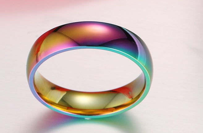 Stainless steel rainbow ring with vibrant multicolour finish on white background.