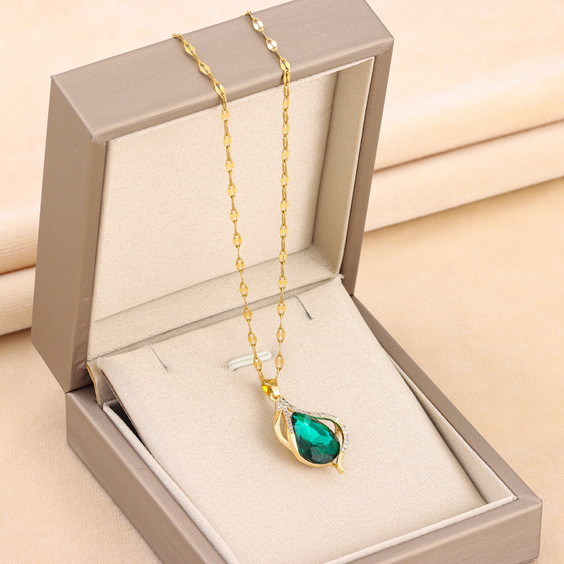 Green Crystal Pendant Titanium Steel Necklace For Women