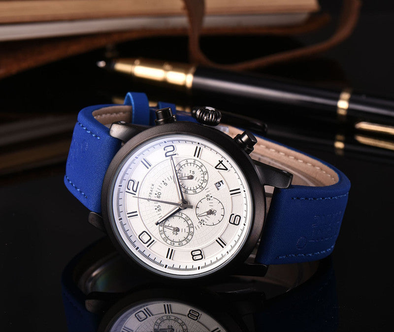 6-pin quartz watch with blue imitation leather strap and stainless steel pin buckle.