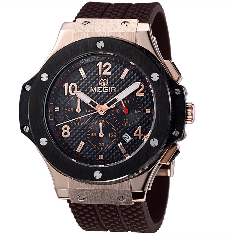 Megir chronograph watch with quartz movement, silicone strap, 35mm diameter, 17mm thickness, and 3ATM waterproof rating.