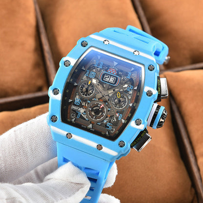 Blue Three-plate Craft Watch with PU strap, quartz movement, and wood grain alloy case held in a gloved hand.