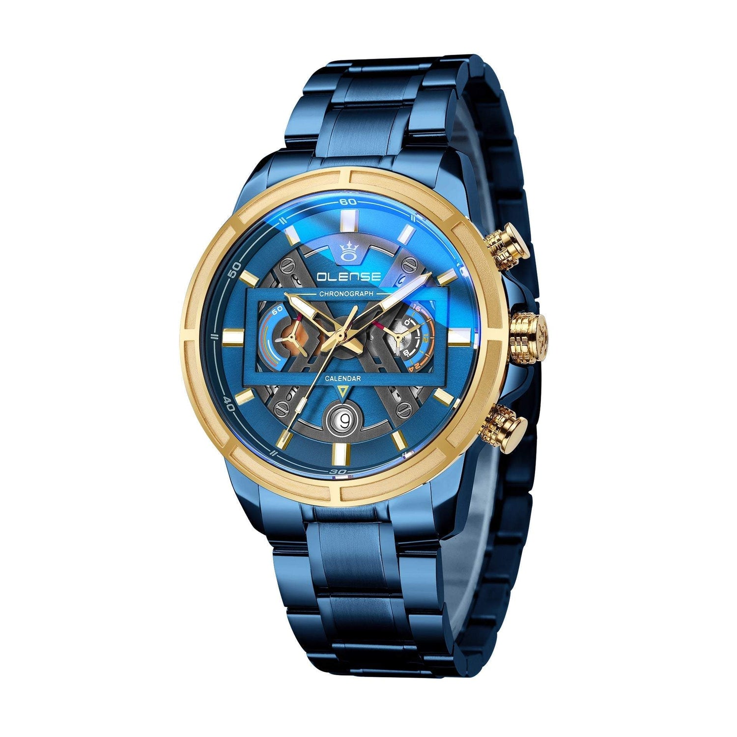 Olense calendar watch with blue alloy case and stainless steel strap, men&