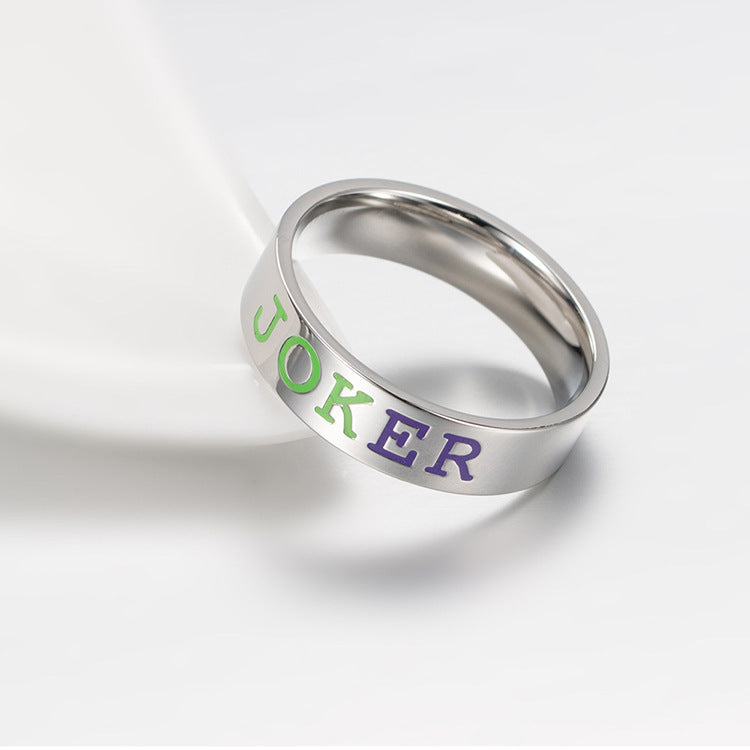 Joker and Harley Quinn stainless steel ring for couples featuring colorful text.