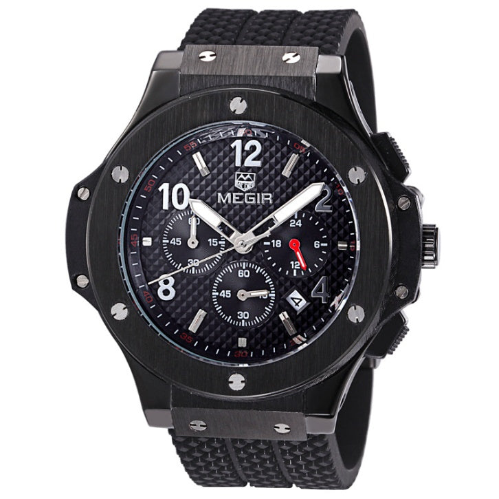 Megir chronograph watch with black silicone strap, quartz movement, and 3ATM waterproof.