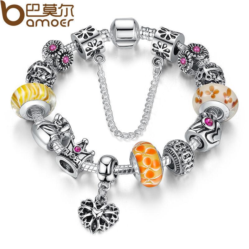 BAMOER Silver Charms Bracelet &amp; Bangles With Queen Crown Beads PA1823