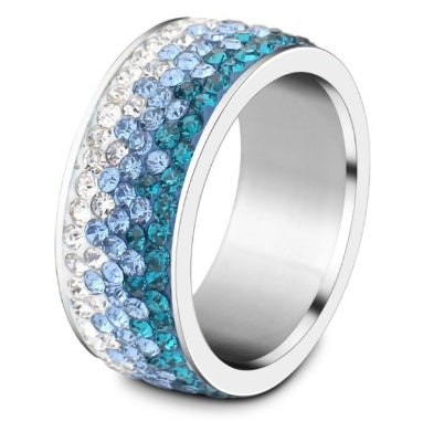 Stainless steel ring with five rows of blue and white crystals.