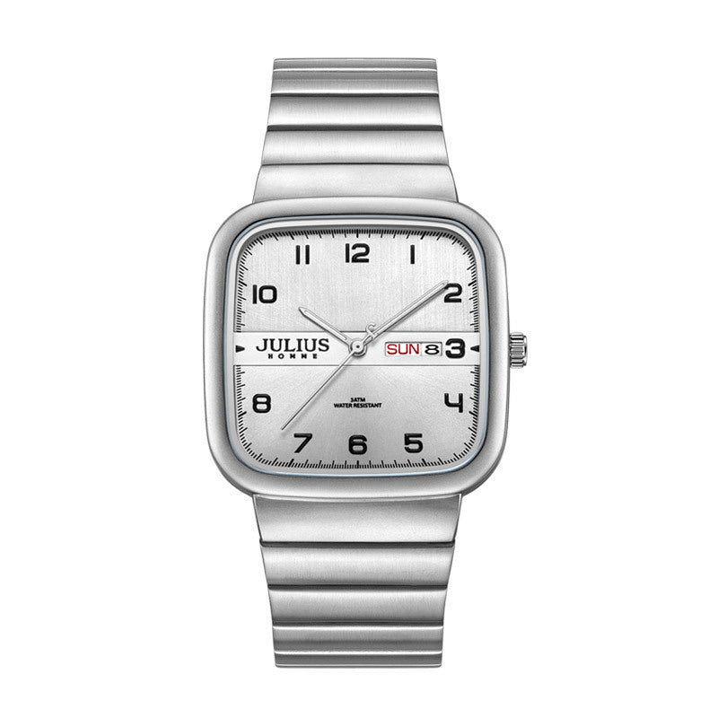 Casual business watch with stainless steel strap and mineral tempered glass mirror.