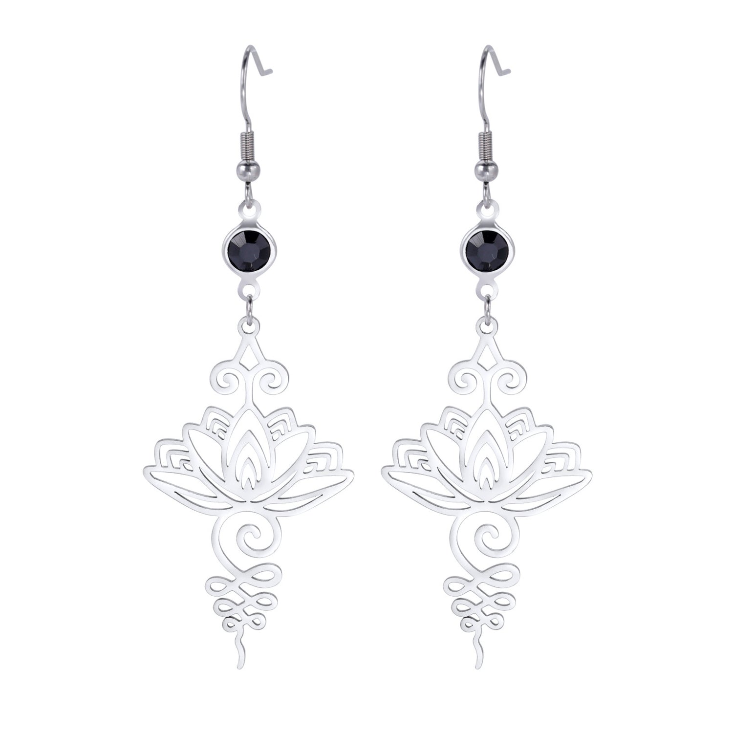 Hollow Lotus Black Crystal Stainless Steel Earrings