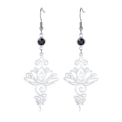 Hollow Lotus Black Crystal Stainless Steel Earrings