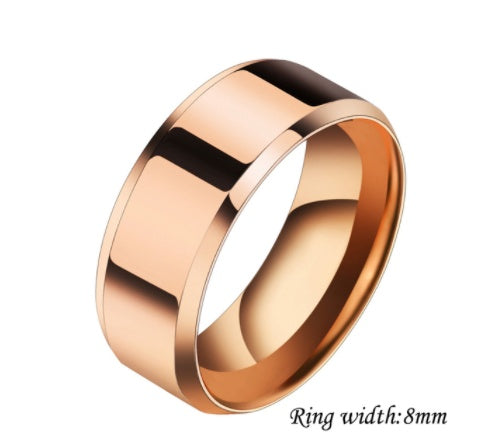 Women stainless steel couple ring in rose gold, geometric design, 8mm width.