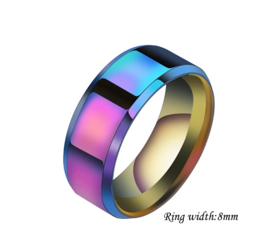 Women stainless steel couple ring, geometric design, colorful finish, 8mm width.