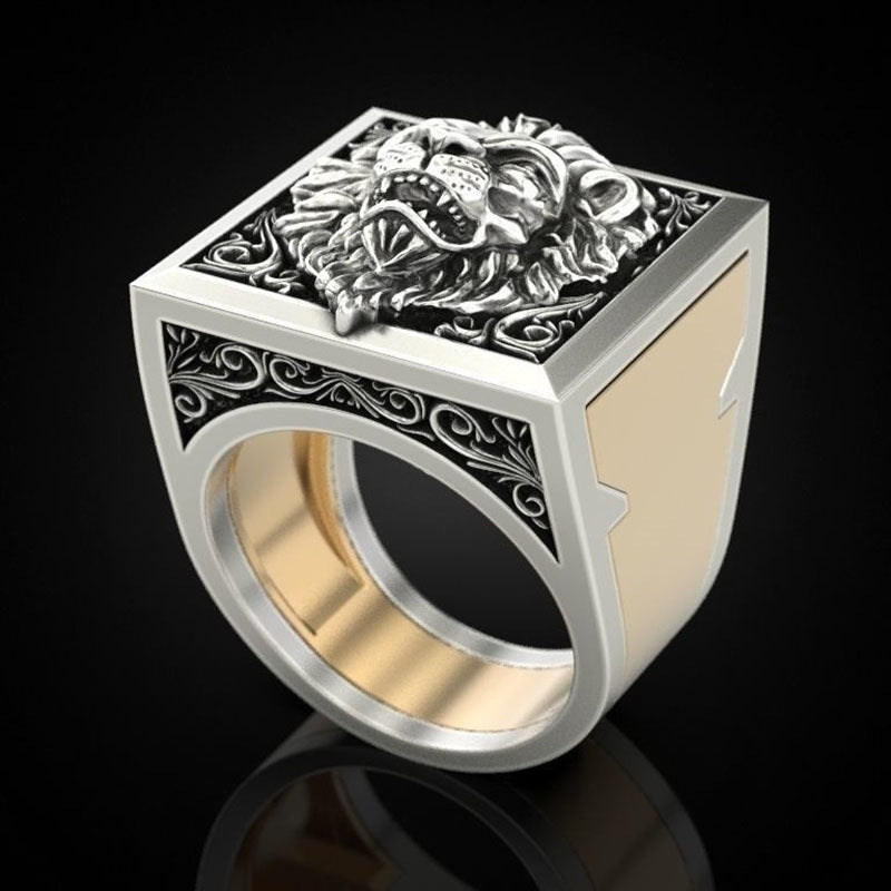 Vintage unisex lion ring with intricate engravings, made of high-quality alloy.