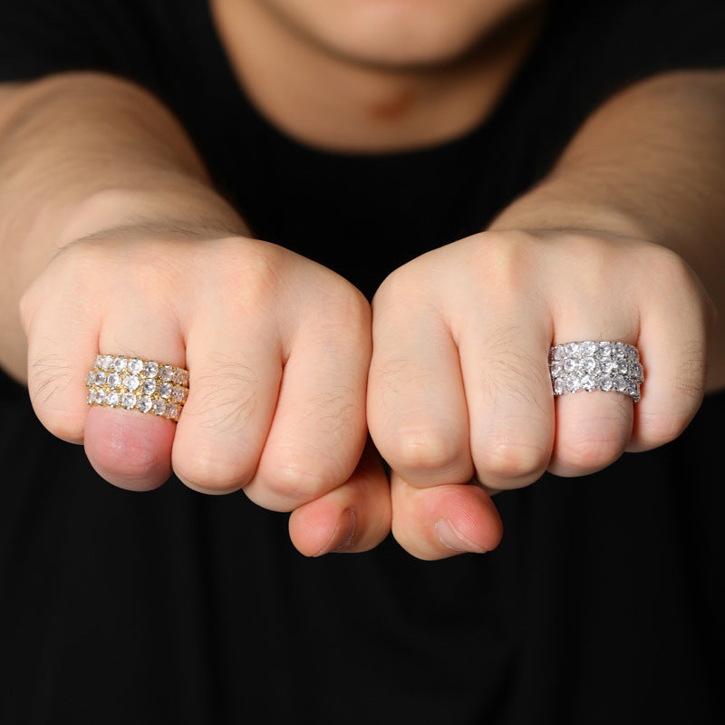 Three rows of large zircon rings