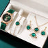 Green Belt Ear Stud Necklace Bracelet Ring Suit for students with dark style, featuring green jewels and matching watch.