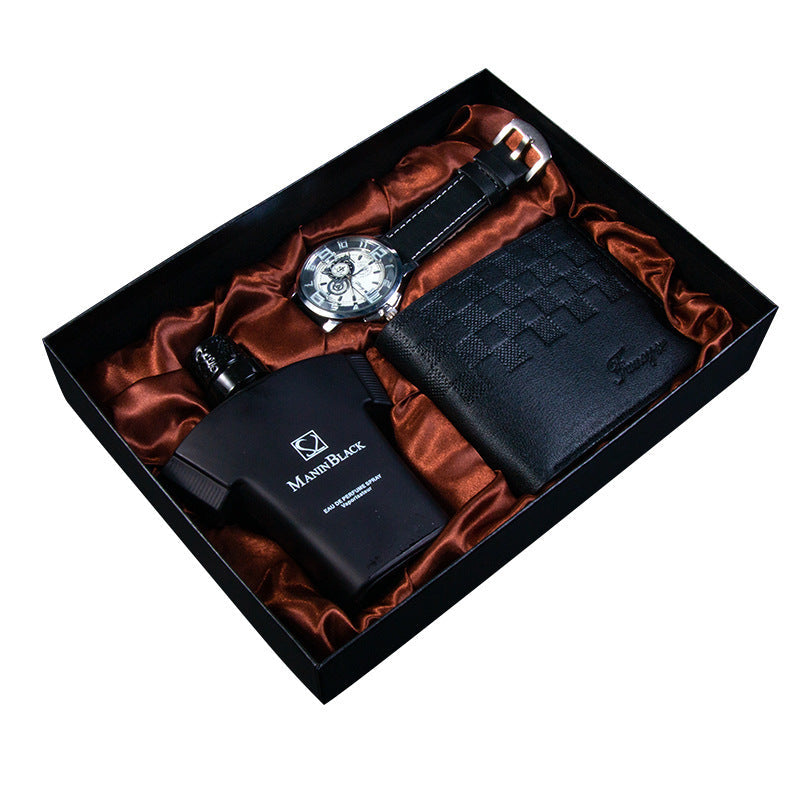 Birthday gift set with quartz watch, leather belt, wallet, and perfume in a black gift box.