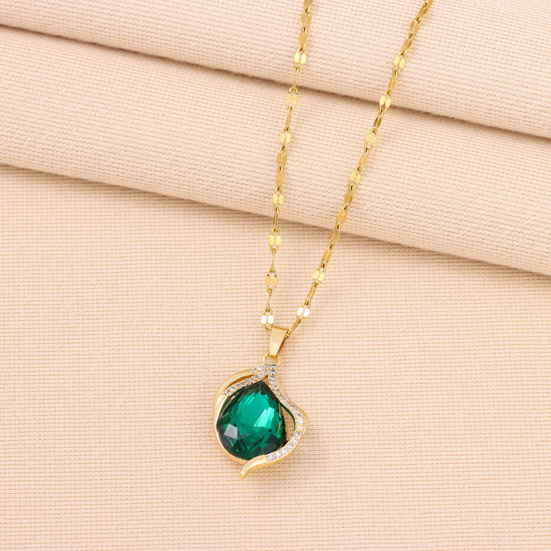 Green Crystal Pendant Titanium Steel Necklace For Women