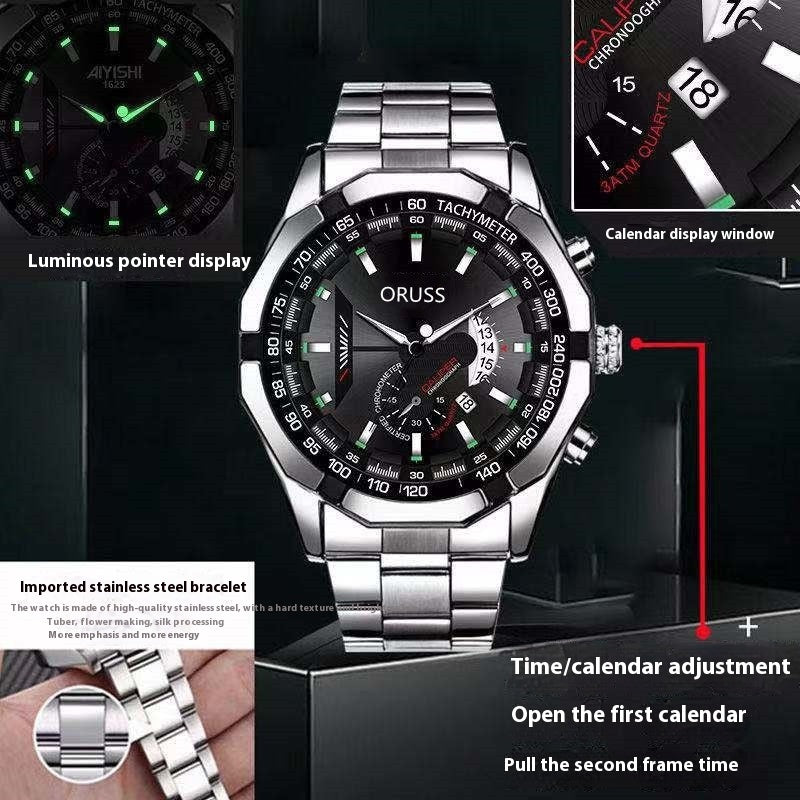 Calendar waterproof luminous watch with stainless steel bracelet and quartz movement, black dial, and luminous display.