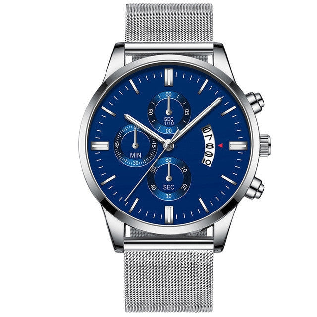 Mens business luxury watch with blue analog display and stainless steel band.