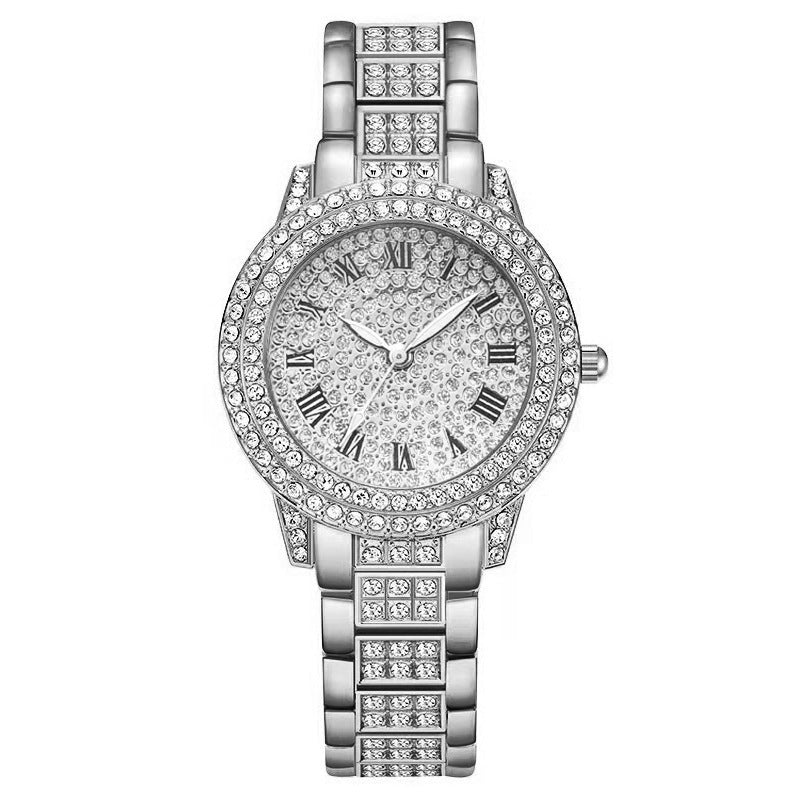 Diamond Fashion Roman Quartz Watch with silver alloy strap and round dial.