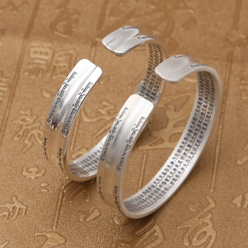 Couple Opening Bangle 100% S999 sterling silver Women Men Smooth Scrub Buddha Scripture Mantra Bracelet Bangle jewelry