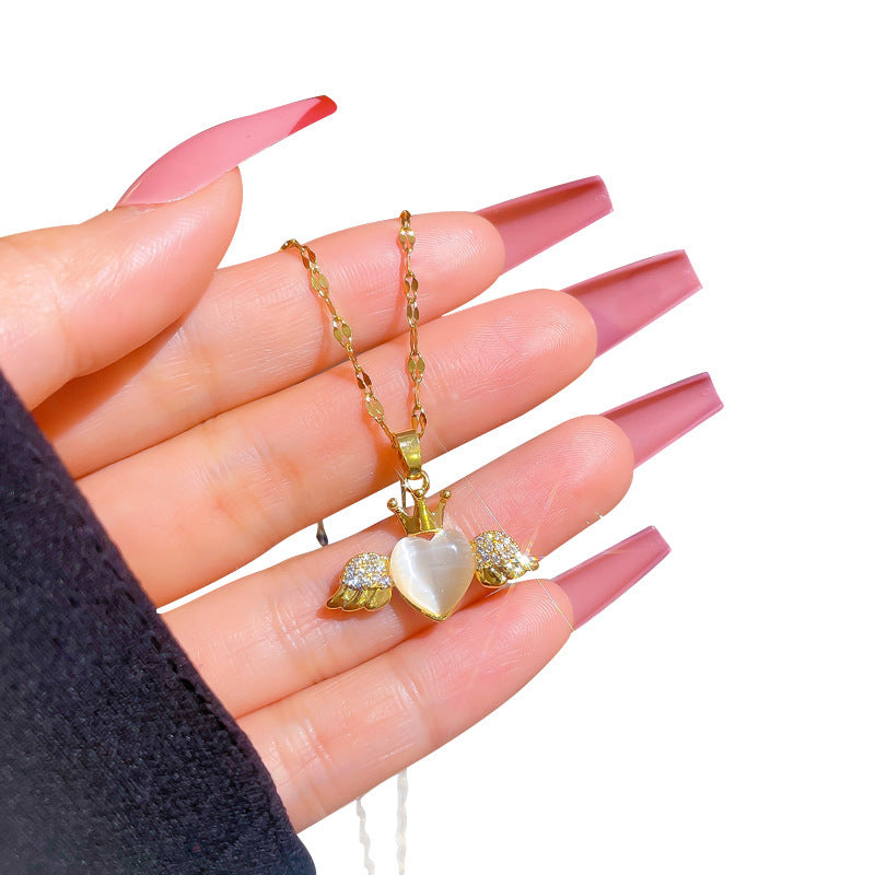 Light Luxury Micro-inlaid Opal Angel Heart Necklace