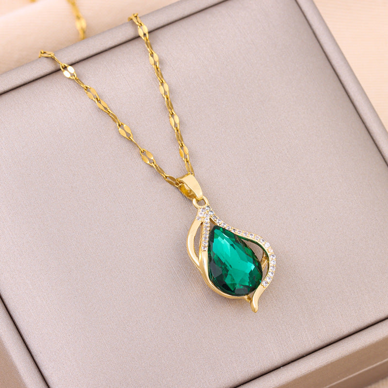 Green Crystal Pendant Titanium Steel Necklace For Women