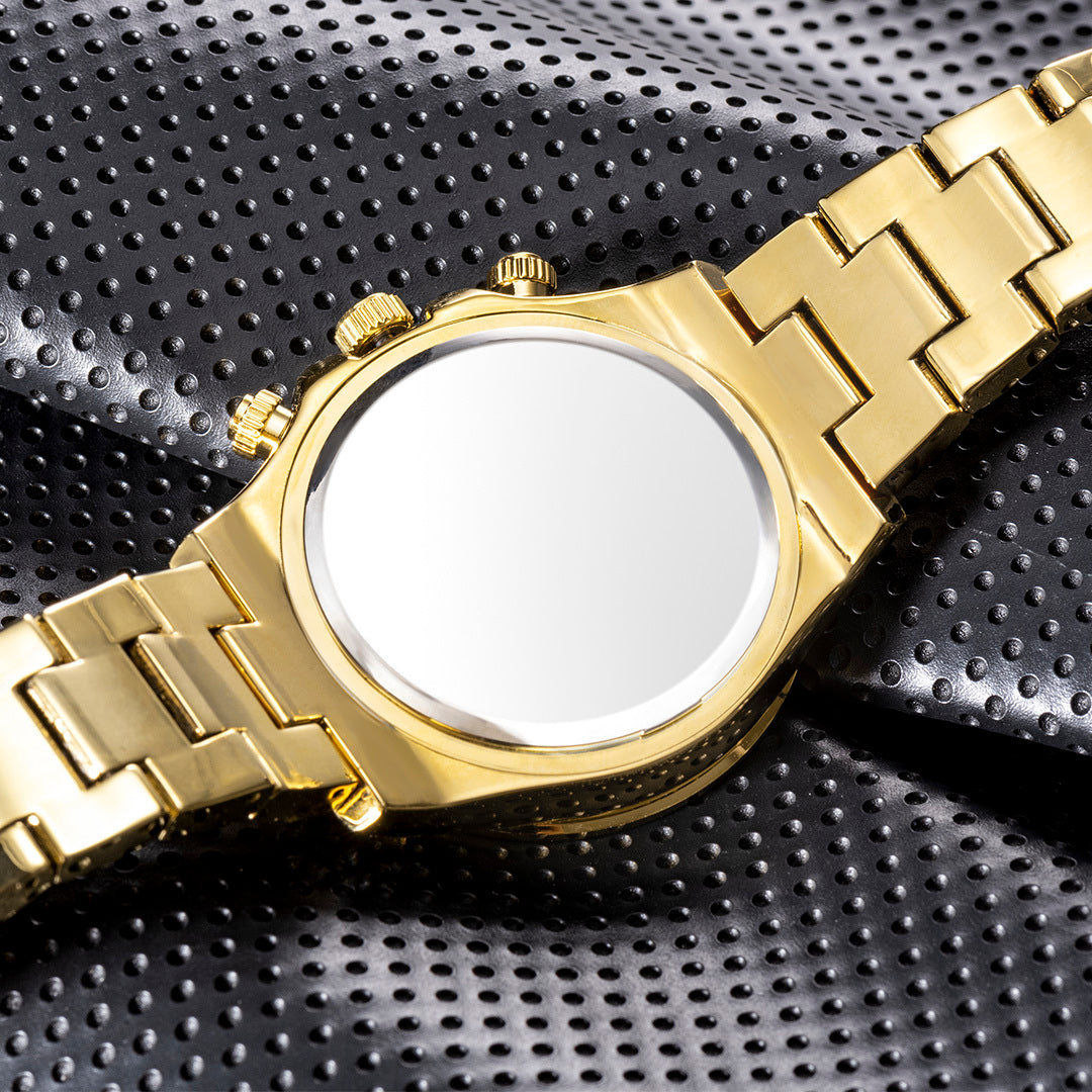 Three Eyes Rainbow Diamond Quartz Watch with gold strap and circular dial on textured surface.