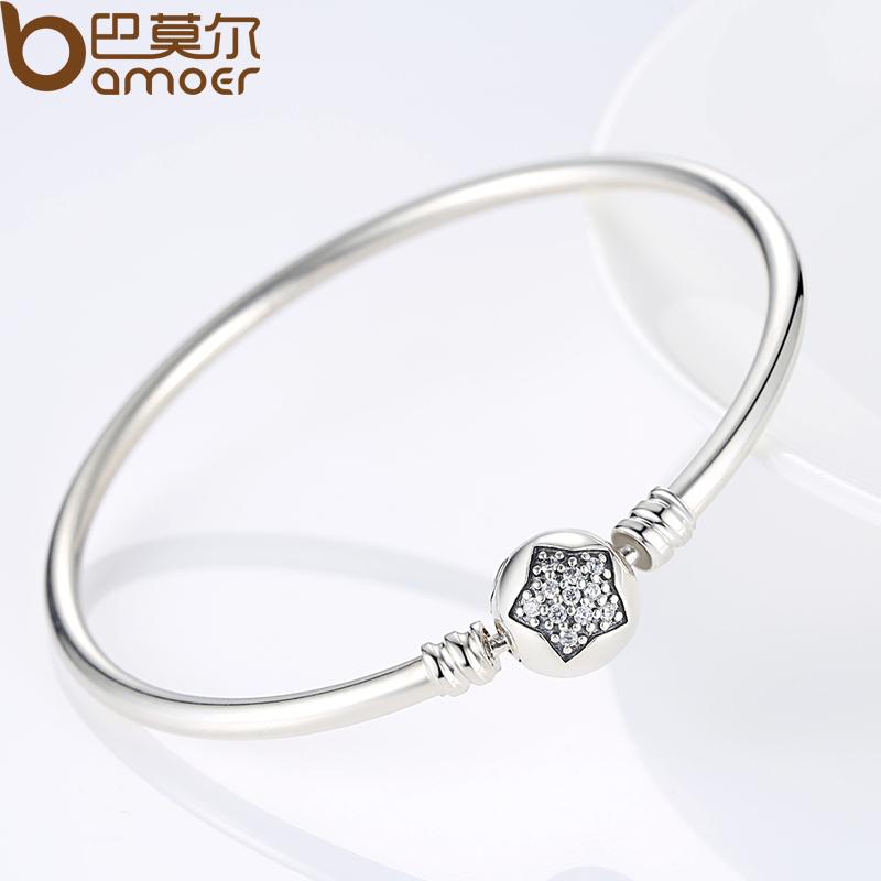 BAMOER 925 Sterling Silver Snake Chain Bracelet &amp; Bangle Pave Star Cubic Zirconia CZ DIY Jewelry PAS901