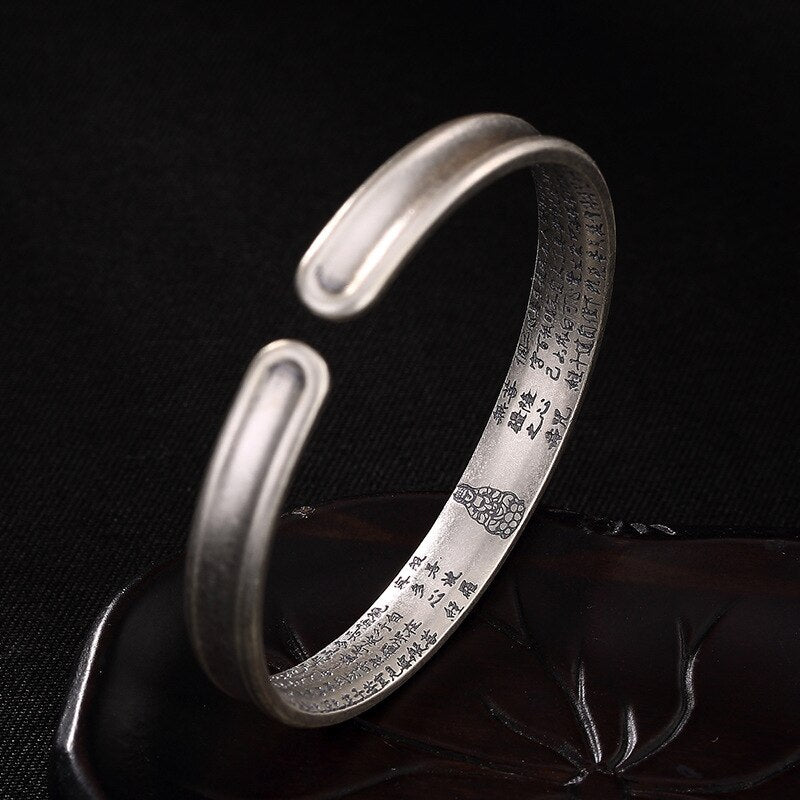 S999 Pure Silver Six Word Mantra Sterling Silver Retro Opening Female Bracelet Buddhist Scripture Bracelet Ladies Jewelry