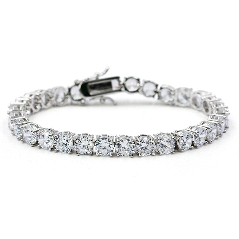 Brass tennis bracelet with AAA CZ stones in silver, elegant hip hop jewelry.