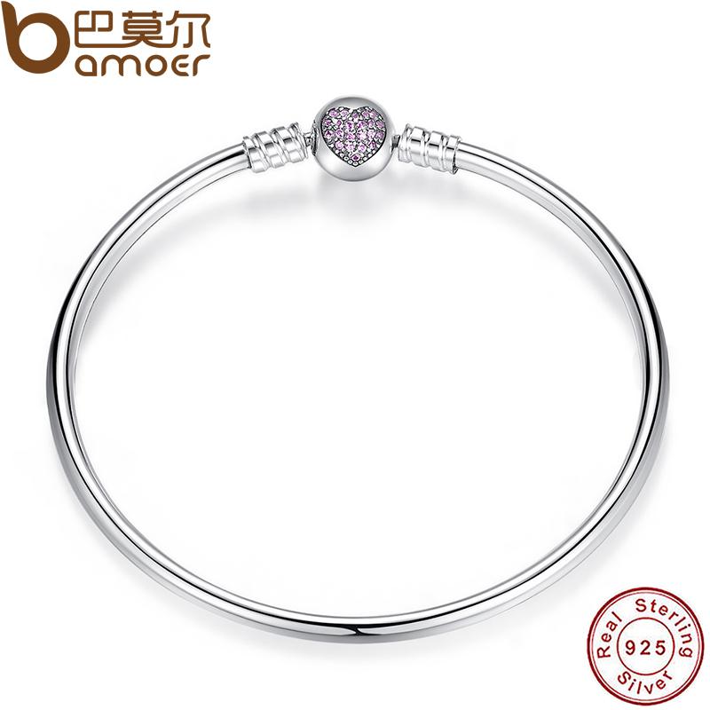 BAMOER 925 Sterling Silver Snake Chain Heart Bangle &amp; Bracelet Luxury Jewelry PAS904