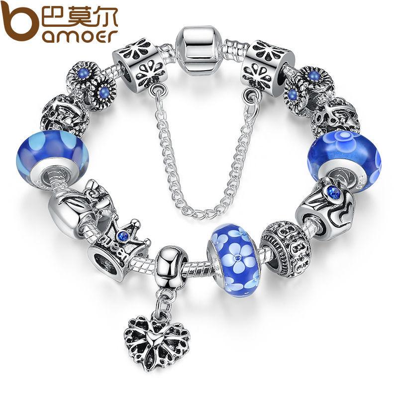 BAMOER Silver Charms Bracelet &amp; Bangles With Queen Crown Beads PA1823