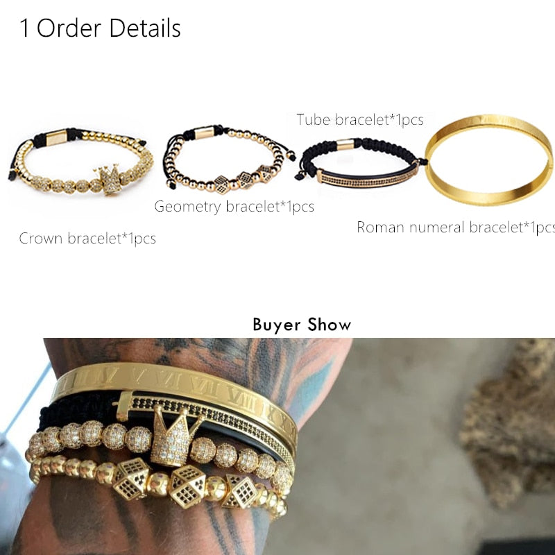 Classical handmade braiding bracelet with gold hip hop design featuring pave CZ zircon crown and Roman numeral elements for men.