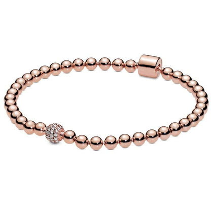 Rose Gold Beads Pave Crystal Sliding Bracelet 925 Silver Bangle Charm