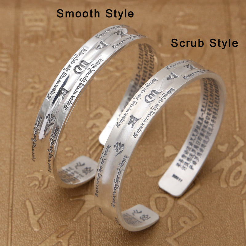 Couple Opening Bangle 100% S999 sterling silver Women Men Smooth Scrub Buddha Scripture Mantra Bracelet Bangle jewelry