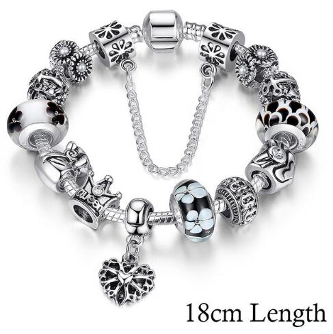 BAMOER Silver Charms Bracelet &amp; Bangles With Queen Crown Beads PA1823