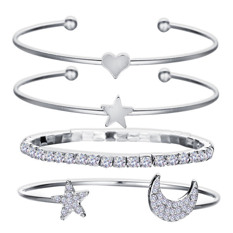 Alloy Five Point Star Diamond Bracelet Moon Open Combination Set