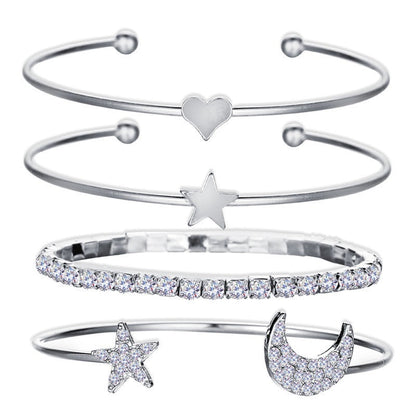 Alloy Five Point Star Diamond Bracelet Moon Open Combination Set