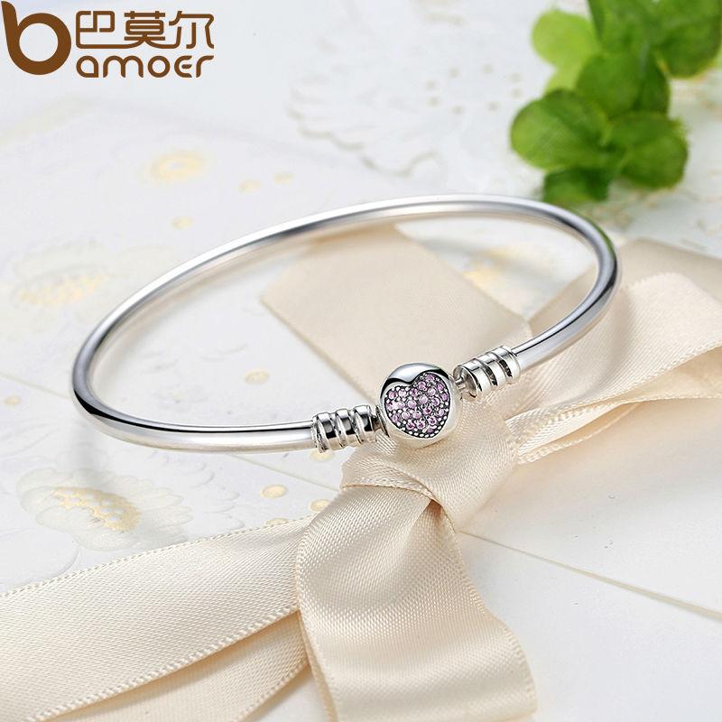 BAMOER 925 Sterling Silver Snake Chain Heart Bangle &amp; Bracelet Luxury Jewelry PAS904